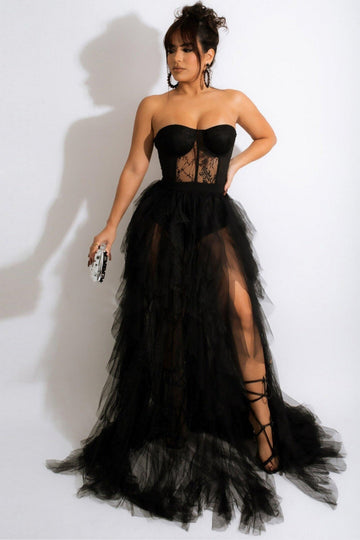 Tulle Sweetheart Black Ball Dress with Slit